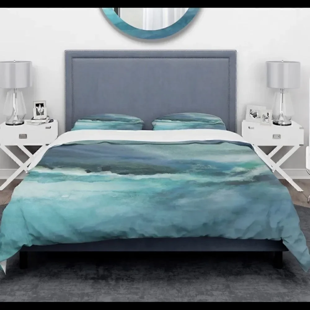 Designart Indigo Abstract Watercolor Blue' Coastal Duvet Cover Set - Full/Queen